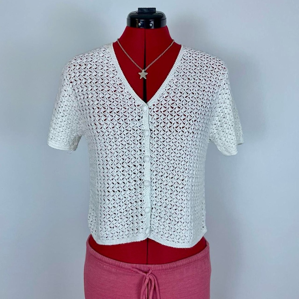 Vintage White Crochet Button-Front Short Sleeve Cardigan